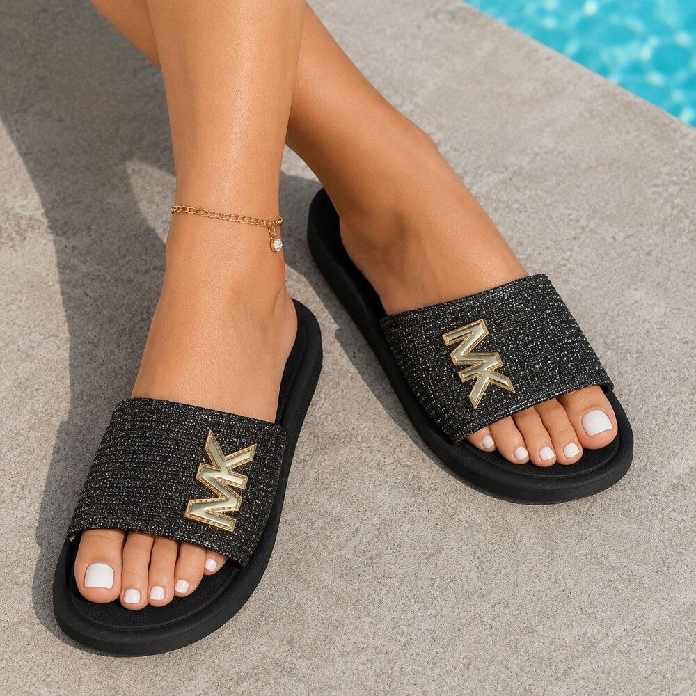 MICHAEL KORS MK LOGO GLITTER MESH ADJUSTABLE POOL SLIDES US 5